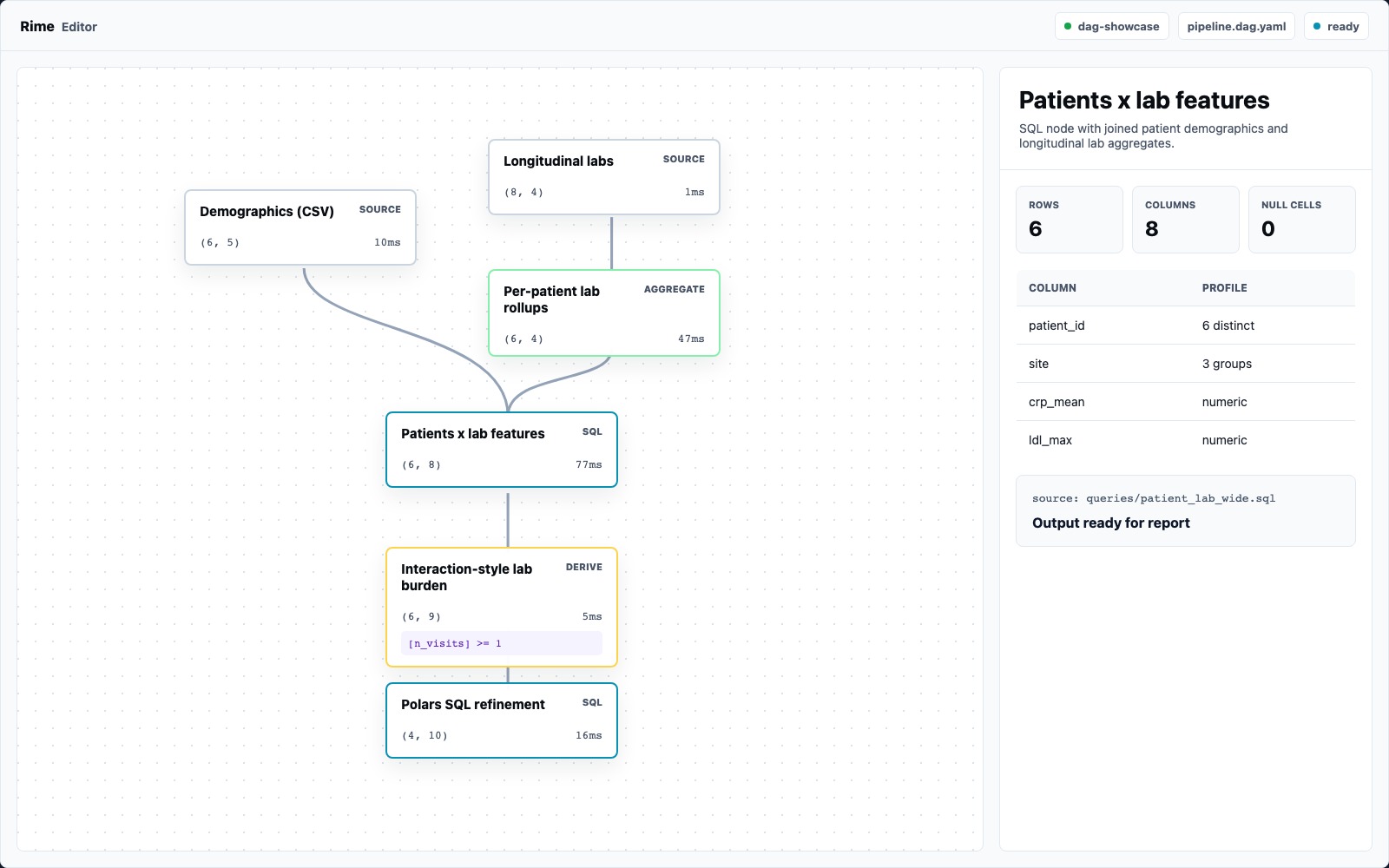 Rime Editor showing the dag-showcase pipeline canvas and selected node inspector.